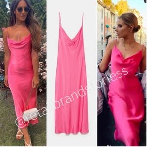 Zara Satin Cami Cowl Neck Fuchsia Slip Mini Dress